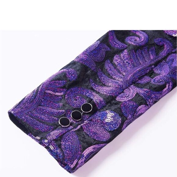 Men Fashion Velvet Sequins Floral Pattern Suit Jacket Blazer NEW w/ Tag Purple - Picture 3 of 4